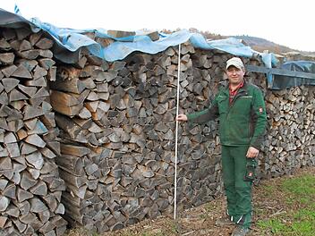 Stefan Ellner schlichtet das Holz immer auf, damit er das Brennholz von dem großen Stapel auch als einzelnen Ster verkaufen kann. Fotos: Lisa Kieslinger