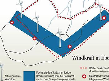 Diese unterschiedlichen Windrad-Standorte sowie der Flächenbedarf, der dazu aus dem Naturpark herausgenommen werden soll, haben die Projekt-Gegner im Stadtrat aus den Unterlagen herausgefieselt.