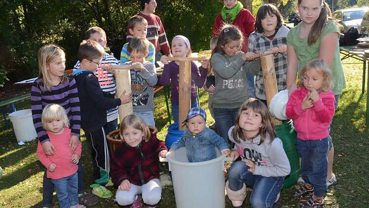 Begeistert waren die Naturstrolche vor allem vom Sauerkrautstampfen in den Krautfässern, denn da bewegte sich einiges. Die fleißigen Helfer sind (von links): Mariella und Malena Dauer, Niklas Beez, Tim Barnickel, Lisa Bischoff, Kevin Stadelmann, Max Scherbel, Antonia Fröba, Alexander Schorn, Lena Di Tomasso, Annika Gerber, Laura Beez, Vivien Szymala und Angela Raab. Im Hintergrund Vorsitzender Andreas Schorn und Nadine Scherbel (Betreuerin der Naturstrolche). Fotos: K.-H. Hofmann