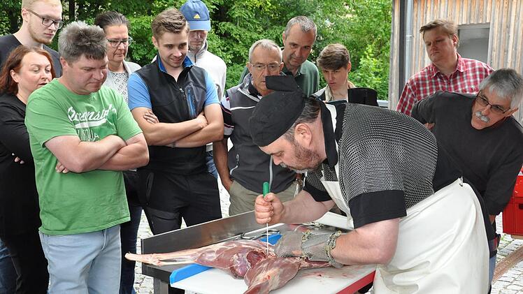 Aufmerksam verfolgen die Gäste des Wildzerlege- und Grillkurses, wie Martin Burmann mit dem Messer den Wildgenuss vorbereitet.  : Baysf