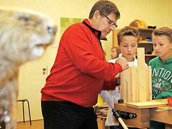 In der Waldwerkstatt des neuen Steigerwald-Zentrums: Ein (ausgestopfter) Biber schaut zu, wie Opa Michael Weilnhammer aus Geiselwind mit (von rechts) Tom Hofmann und Maximilian Riedel (beide Realschule Ebrach) an einem Unterschlupf für Tiere basteln.  Fotos: Matthias Hoch