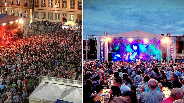 Das Bild zeigt ein lebhaftes Musikfestival mit einer gro&szlig;en Menschenmenge vor zwei beleuchteten B&uuml;hnen. Es vermittelt die energetische Atmosph&auml;re eines Sommer-Events.
