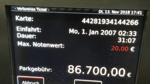 86.700 Euro forderte der Automat f&uuml;r eine Parkzeit von knapp zw&ouml;lf Jahren. Foto: Instagram/sabheinrich
