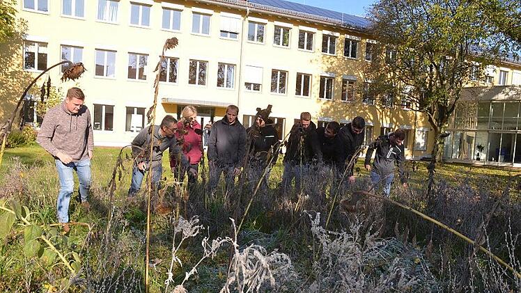Die angehenden Landwirtschaftsmeister nehmen zusammen mit Anton Weig (Zweiter von links) unter die Lupe, wie sich der Blühstreifen entwickelt hat, den sie im Garten des Landwirtschaftsamtes angelegt haben. Foto: Rainer Lutz
