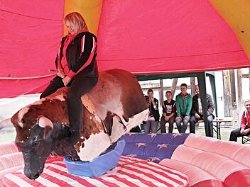 Eva Greiff, Vorsitzende des Karate-Dojo Untermerzbach, hielt sich ganz gut im Sattel. Der Stier zeigte sich bei ihr etwas ruhiger.  Fotos: Helmut Will