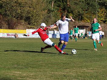 Pottensteins Torwart Thorsten Mager bringt Christopher Schraml zu Fall. Den Elfmeter zum 2:0 verwandelte Tobias Dahl. Foto: Uwe Kellner