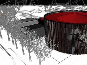 Blickfang auf dem Anger: Während im runden "Globe" Theater gespielt wird, könnte die angrenzende "Rest-Halle" für Probe- und Lagerräume genutzt werden. Animation: Daberto & Kollegen