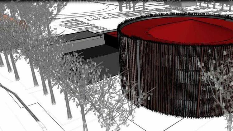 Blickfang auf dem Anger: Während im runden "Globe" Theater gespielt wird, könnte die angrenzende "Rest-Halle" für Probe- und Lagerräume genutzt werden. Animation: Daberto & Kollegen