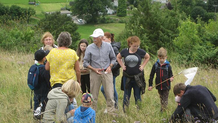 Mit Kescher und Becherlupe waren die Kinder auf der Jagd nach den verschiedenen Schmetterlingsarten, die auf den Wiesen und Trockenrasen am Rudelberg bei Schondra zu finden sind.  Foto: D.Türbl