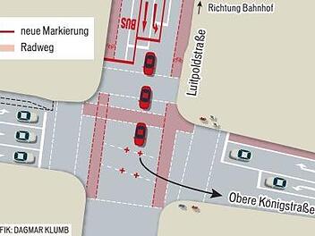 Seit etwas über einem Jahr gibt es für Geradeausfahrer und Linksabbieger aus der Luitpoldstraße nur noch einen gemeinsamen Fahrstreifen. Grafik: Dagmar Klumb