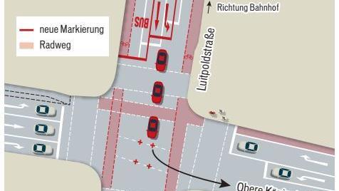 Seit etwas über einem Jahr gibt es für Geradeausfahrer und Linksabbieger aus der Luitpoldstraße nur noch einen gemeinsamen Fahrstreifen. Grafik: Dagmar Klumb