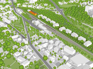 Das Quartier Prinzregentenpark aus der Vogelperspektive mit Blick von Südwest nach Nordost zieht sich von links oben nach rechts unten wie an einer Schnur durch die Visualisierung. Foto: Schirmer Architekten und Stadtplaner