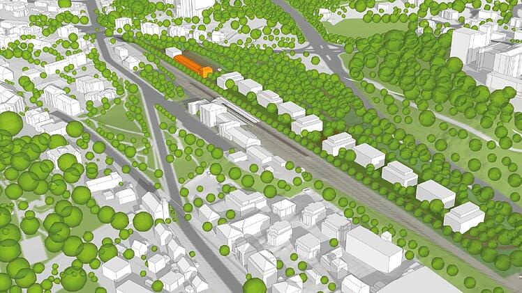 Das Quartier Prinzregentenpark aus der Vogelperspektive mit Blick von Südwest nach Nordost zieht sich von links oben nach rechts unten wie an einer Schnur durch die Visualisierung. Foto: Schirmer Architekten und Stadtplaner