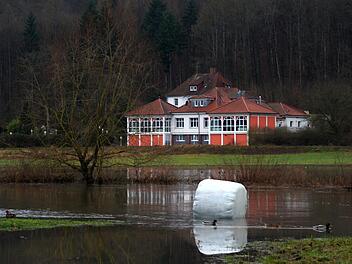 Ein Silageballen treibt in der Saale, aufgenommen wurde das Bild von der Nordbrücke aus. Foto: Siegfried Farkas