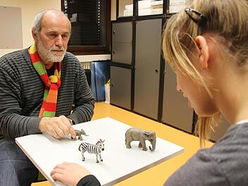 Psychologe Matthias Zeschitz arbeitet mit der 14-jährigen Laura an ihrer visuellen Zuordnungsfähigkeit - mit Erfolg. Inzwischen erkennt sie sofort, wo der kleine Elefant hingehört.  Foto: Julia Riegler
