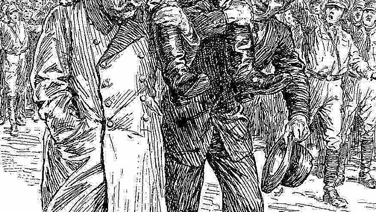 Die Karikatur der britischen Künstlergruppe Punch aus dem Jahre 1933 mit dem Titel "Vorübergehendes Dreiecksverhältnis": Hitler auf dem Weg zur Macht, getragen von Hindenburg und Papen.   Repros: Franze