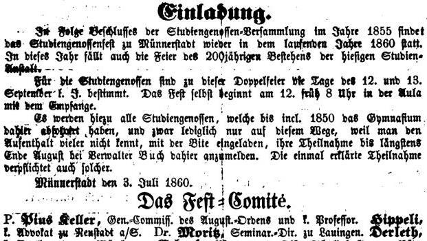 Alle Studiengenossen, die bis 1850 Abitur in Münnerstadt machten, wurden mit dieser Anzeige zum Treffen im Jahr 1860 eingeladen.