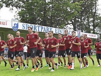 Vor der Trainingseinheit laufen sich die Club-Spieler warm; ganz rechts Neuzugang Edgar Salli Fotos: sportpress