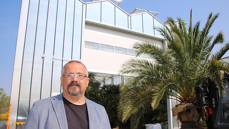 Holger Paff, Leiter der Bad Kissinger Kurgärtnerei, vor dem neuen Palmenhaus. Foto: Ralf Ruppert