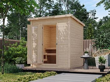 Die Außensauna Hytti 2 in naturbelassener Optik, du bekommst sie auch in terragrau.
