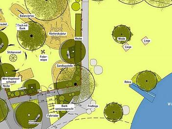 Nach der Umgestaltung wird der Wiwaweiher aufgewertet. Dies geschieht unter anderem dadurch, dass die Außenflächen am Ufer attraktiv gestaltet werden.  Grafik: Stadt