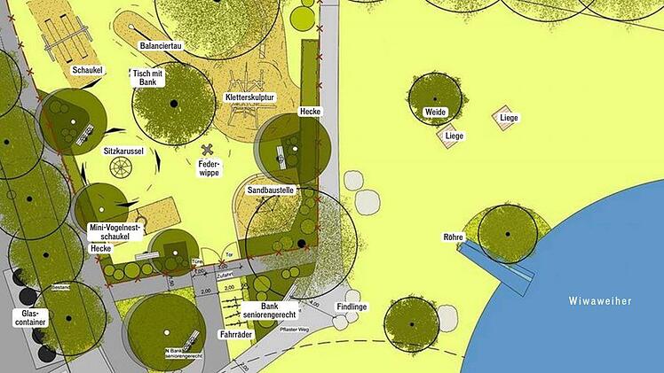 Nach der Umgestaltung wird der Wiwaweiher aufgewertet. Dies geschieht unter anderem dadurch, dass die Außenflächen am Ufer attraktiv gestaltet werden.  Grafik: Stadt