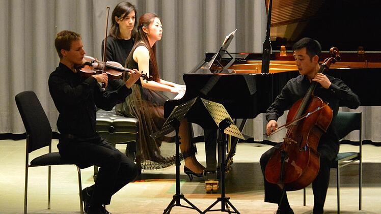 Praktische Erfahrungen (v. l.): Jerome Huy (Violine), Prof. Denise Benda, Yu Jin (Klavier) und Long Yin (Violoncello). Foto: Björn Hein
