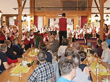 Gemeinsam beendeten die Städtische Jugendkapelle Kulmbach und die Rugendorfer Dorfmusik ihr Konzert im Zettlitzer Feststadl mit zwei Franken-Hymnen. Fotos: Klaus Klaschka