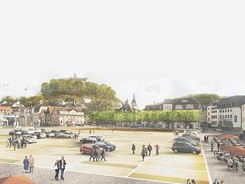 So könnte der Zentralparkplatz künftig aussehen: Nach dem Entwurf des Wettbewerbssiegers Architekturbüro H2M stellt sich eine Plaza Cervisia (Platz des Bieres) vor mit einer Baumarkade im Bereich der "Feuerwache". Zu- und Abfahrt der Tiefgarage würden an die Nordostecke des Platzes (Sutte/Webergasse - nicht im Bild) verlegt.  Repro: BR