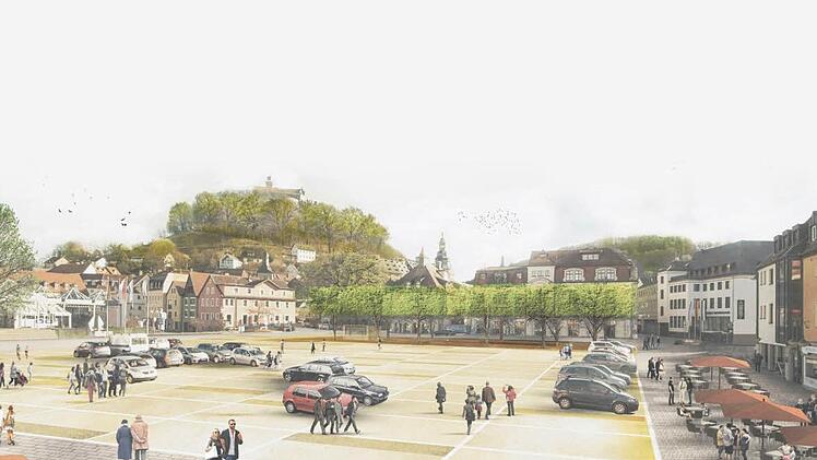 So könnte der Zentralparkplatz künftig aussehen: Nach dem Entwurf des Wettbewerbssiegers Architekturbüro H2M stellt sich eine Plaza Cervisia (Platz des Bieres) vor mit einer Baumarkade im Bereich der "Feuerwache". Zu- und Abfahrt der Tiefgarage würden an die Nordostecke des Platzes (Sutte/Webergasse - nicht im Bild) verlegt.  Repro: BR