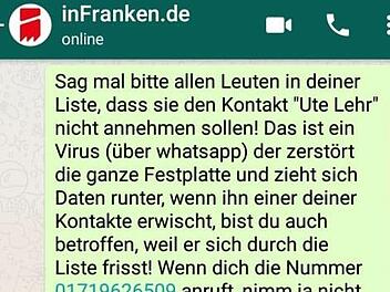 "Ute Lehr" soll Daten auf Smartphones zerstören. Das behauptet ein Kettenbrief auf WhatsApp. Können Nutzer wirklich via WhatsApp gehackt werden? Besteht eine akute Gefahr?  Screenshot: inFranken.de