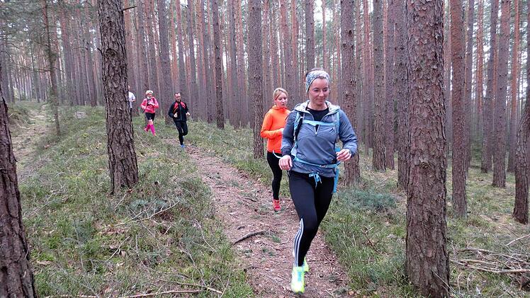 Auf den schmalen Pfaden durch den Kiefernwald zwischen Forkenhof und Pechgraben sind die Trailläufer in ihrem Element. Von rechts Sindy Meier, Cordula Lauterbach, Benjamin Michel, Susanne Schubert und Stefan Frosch. Benjamin Michel lief ab der Sandgrube nach Neudrossenfeld. Foto: Michael Kraus