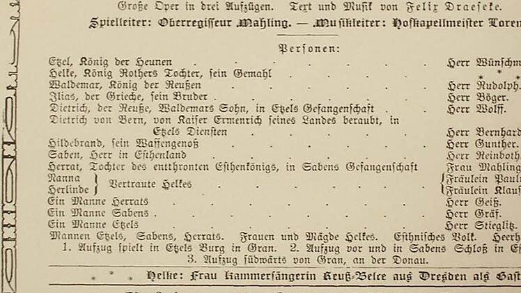 Theaterzettel der Uraufführung von Draesekes Oper Herrat im Jahr 1906 am damaligen Hoftheater in Coburg.