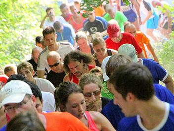 Wie Ameisen schlängeln sich die Läuferinnen und Läufer beim 29. Schwanberglauf am Freitagabend die Steigung zum Schwanberg hinauf.  Foto: Thomas