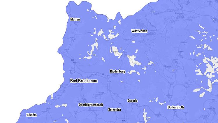 Im Altlandkreis Bad Brückenau weist das 4G-Netz mancherorts Lücken auf. Unsere Redaktion hat die Mobilfunk-Versorgung in den einzelnen Gemeinden und Orten unter die Lupe genommen. Screenshot: Bundesnetzagentur/Grafik: Schäfer