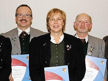 Die stellvertretende Vorsitzende Madeline Götz (von links) gratulierte zu 50 Jahren aktiven Musizierens Wolfgang Heil, Andrea Koch und Hubert Fröhlich. Die Urkunden gab es von Dominik Sitter (NBMB).