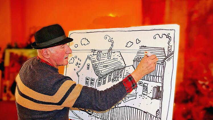 Konny Albert, Multitalent aus Hammelburg, war Gast beim Erzählcafé im Haus  Sankt Michael. Er bewies sein Talent als Grafiker, das hat er ja studiert,  aber auch als Bänkelsänger und als Musiker und Erzähler. Foto: Dieter Britz