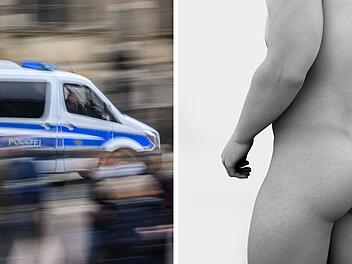 Collage aus Polizeiauto und nacktem Mann