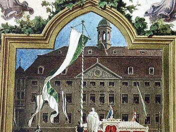 Enthüllung des Albert-Denkmals auf dem Coburger Marktplatz: Illustration aus der "Haus-Chronik", die Herzogin Alexandrine zum silbernen Ehejubiläum 1867 anfertigen ließ.  Repro: Simone Bastian