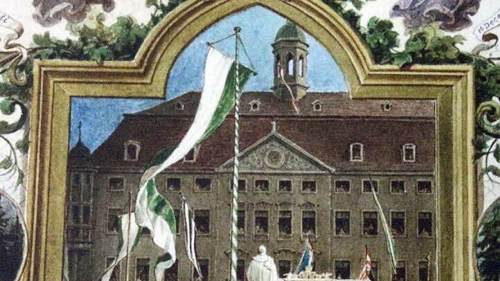 Enthüllung des Albert-Denkmals auf dem Coburger Marktplatz: Illustration aus der "Haus-Chronik", die Herzogin Alexandrine zum silbernen Ehejubiläum 1867 anfertigen ließ.  Repro: Simone Bastian