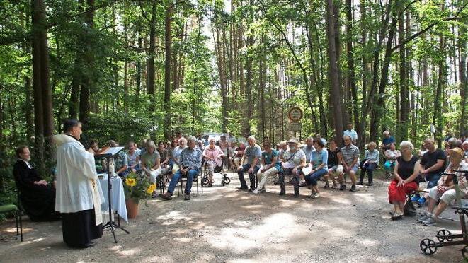 Der evangelisch-lutherische Pfarrer Ulrich Rauh und sein katholischer Kollege Bernhard Friedmann feierten auch dieses Jahr wieder einen ökumenischen Wald- und Wiesengottesdienst, zu dem viele Gläubige aus Walsdorf, Burgebrach und anderen Dörfern der Umgebung kamen. Foto: Joseph Beck
