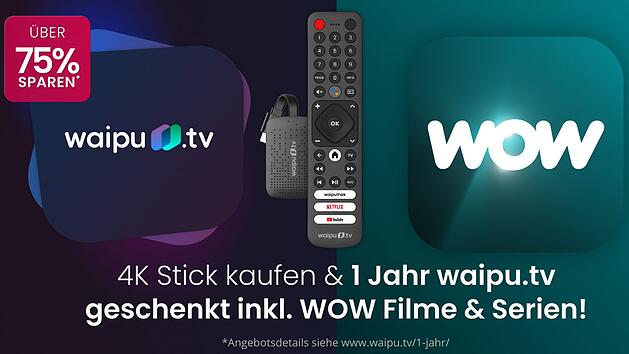 Mit dem waipu.tv-Angebot bekommst du 1 Jahr Fernsehen und Streaming zum Sparpreis. Der 4K Stick macht jeden Fernseher smart und bringt alle Top-Sender und Serien direkt ins Wohnzimmer.