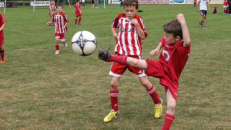 In der Vorrundenpartie der U9-Teams setzte sich die DJK FC Seßlach (rot gestreift) gegen den TV Haßfurt mit 1:0 durch.