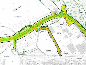 So soll die Westtangente einmal aussehen. Mittig das Gewerbegebiet mit der Bioenergie Zapfendorf (Basis Gewerbepark). Der Kreis im Norden ist die Kläranlage der Bayerischen Milchwerke (BMI), direkt auf der anderen Straßenseite die Kläranlage der Gemeinde Zapfendorf. Grafik: p