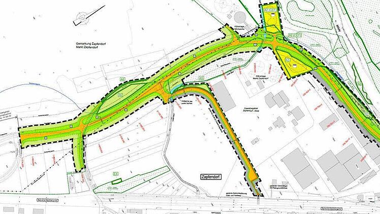 So soll die Westtangente einmal aussehen. Mittig das Gewerbegebiet mit der Bioenergie Zapfendorf (Basis Gewerbepark). Der Kreis im Norden ist die Kläranlage der Bayerischen Milchwerke (BMI), direkt auf der anderen Straßenseite die Kläranlage der Gemeinde Zapfendorf. Grafik: p