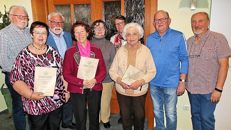 Langjährige Mitglieder des Rhönklubs Münnerstadt wurden in der Hauptversammlung im Hotel Tilman geehrt (von links: die Geehrten Wolfgang Peschel, Anneliese Albert, Eugen Albert, Franziska Waltenberger, Helene Beudert, Elisabeth Gopp, Irene Pacholet, Wolfgang Bayer. Rechts Vorsitzender Egbert Haut).