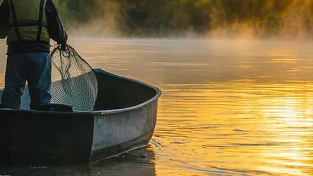 Ein Fischer steht in seinem Boot auf einem Fluss im Nebel