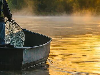Ein Fischer steht in seinem Boot auf einem Fluss im Nebel