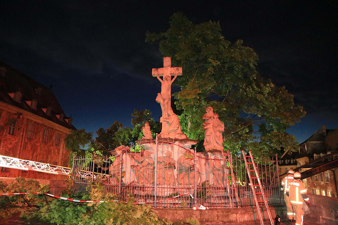 Baum stürzt auf Denkmal in Bamberg