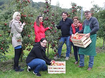 Bi der Apfelernte (v. l.): Johanna Düngfelder, Carola Kubik, Sepp Kraus, Andrea und Roland Schmitt;  vorne kniet  Kerstin Schilling Fotos: Carmen Schwind
